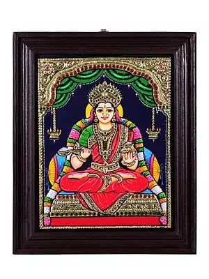 Goddess Annapurna Tanjore Painting | Traditional Colors With 24K Gold | Teakwood Frame | Gold & Wood