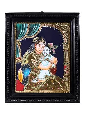 Maiya Yashoda with Baby Krishna Tanjore Painting | Traditional Colors With 24K Gold | Teakwood Frame | Gold & Wood