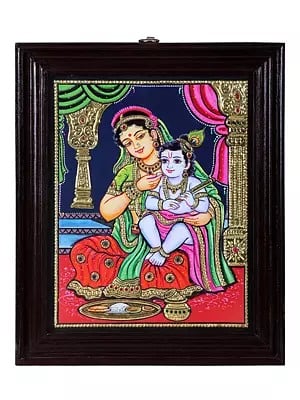 Yashoda Krishna Tanjore Painting | Traditional Colors With 24K Gold | Teakwood Frame | Gold & Wood
