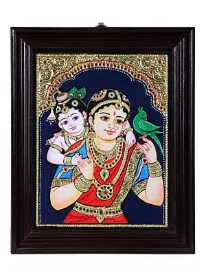 Yashoda Krishna Tanjore Painting | Traditional Colors With 24K Gold | Teakwood Frame | Gold & Wood