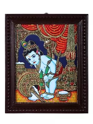 Butter Krishna Tanjore Painting | Traditional Colors With 24K Gold | Teakwood Frame | Gold & Wood