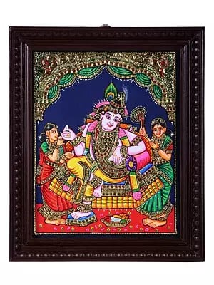 Darbar Krishna Tanjore Painting | Traditional Colors With 24K Gold | Teakwood Frame | Gold & Wood