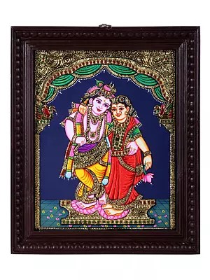 Radha Krishna Tanjore Painting | Traditional Colors With 24K Gold | Teakwood Frame