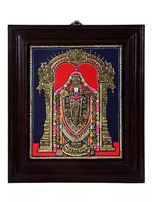 Lord Tirupati Balaji Tanjore Painting | Traditional Colors With 24K Gold | Teakwood Frame | Gold & Wood