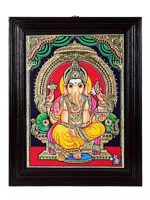 Lord Ganesha Seated on Throne Tanjore Painting | Traditional Colors With 24K Gold | Teakwood Frame | Gold & Wood