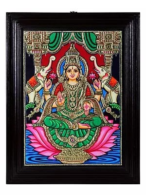 Devi Gajalakshmi Tanjore Painting | Traditional Colors With 24K Gold | Teakwood Frame | Gold & Wood