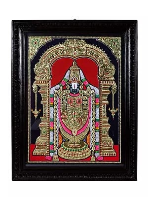 Lord Venkateshwara as Balaji Tanjore Painting | Traditional Colors With 24K Gold | Teakwood Frame | Gold & Wood