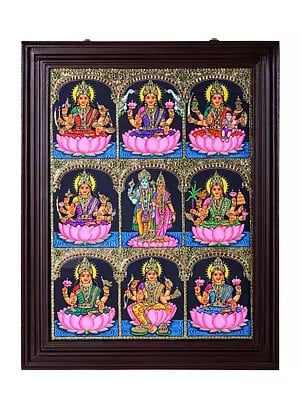 Ashtalakshmi with Vishnu Lakshmi Tanjore Painting | Traditional Colors With 24K Gold | Teakwood Frame | Gold & Wood
