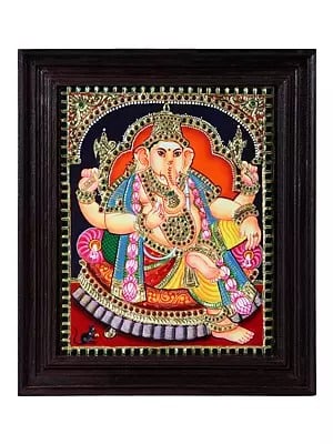 Lord Ganesha Tanjore Painting | Traditional Colors With 24K Gold | Teakwood Frame