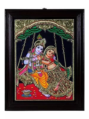 Radha Krishna on Swing Tanjore Painting | Traditional Colors With 24K Gold | Teakwood Frame | Gold & Wood