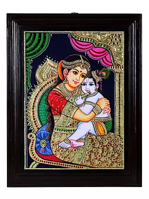 Bal Krishna with Maa Yashoda Tanjore Painting | Traditional Colors With 24K Gold | Teakwood Frame | Gold & Wood
