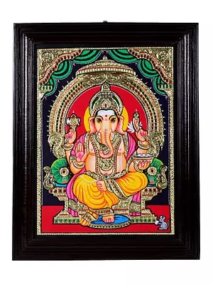 Ganesha Seated on Throne Tanjore Painting | Traditional Colors With 24K Gold | Teakwood Frame | Gold & Wood