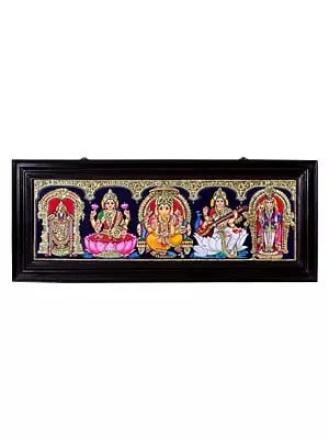 Lakshmi with Ganesha & Saraswati Tanjore Painting | Traditional Colors With 24K Gold | Teakwood Frame | Gold & Wood | Handmade