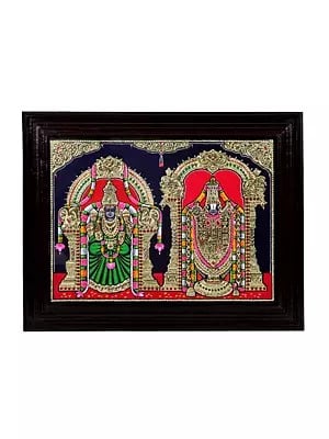 Tirupati Balaji with Devi Padmavathi Tanjore Painting| Traditional Colors With 24K Gold | Teakwood Frame | Gold & Wood