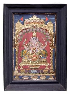 Large Ganesha Seated on Throne Tanjore Painting | Traditional Colors With 24K Gold | Teakwood Frame | Gold & Wood