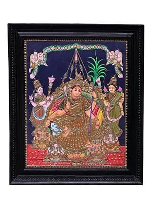 Goddess Rajarajeshwari Tanjore Painting | Traditional Colors With 24K Gold | Teakwood Frame | Gold & Wood