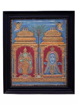 Large Bhagawan Shiva with Devi Parvati Tanjore Painting | Traditional Colors With 24K Gold | Teakwood Frame | Gold & Wood