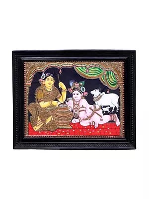 Large Maiya Yashoda with Bal Krishna Tanjore Painting | Traditional Colors With 24K Gold | Teakwood Frame | Gold & Wood