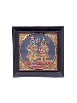 Large Lord Vitthal and Goddess Rukmini Tanjore Painting | Traditional Colors With 24K Gold | Teakwood Frame | Gold & Wood
