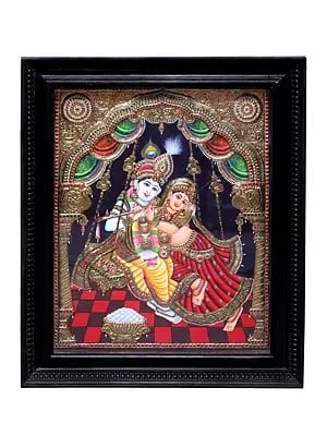 Large Radha Krishna Tanjore Painting | Traditional Colors With 24K Gold | Teakwood Frame | Gold & Wood
