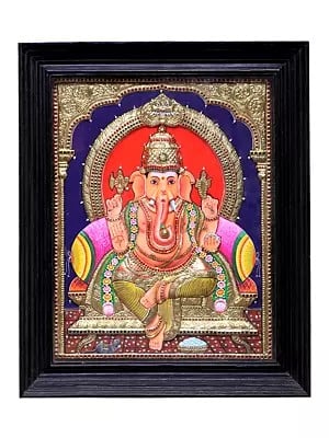Large Ganesha Seated on Throne Tanjore Painting With 24K Gold