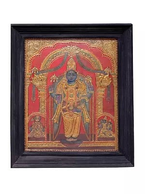 Large Standing Lord Vishnu Tanjore Painting | Traditional Colors With 24K Gold | Teakwood Frame | Gold & Wood