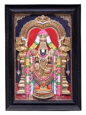 Large Lord Venkateshwara as Balaji Tanjore Painting | Traditional Colors With 24K Gold | Teakwood Frame | Gold & Wood
