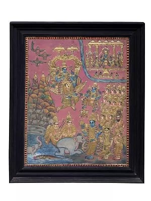 Large Gajendra Moksha Tanjore Painting | Traditional Colors With 24K Gold | Teakwood Frame | Gold & Wood