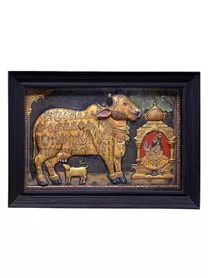 Large Kasyapa Worshipping Kamdhenu Tanjore Painting | Traditional Colors With 24K Gold | Teakwood Frame | Gold & Wood