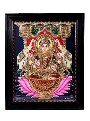 Goddess Lakshmi Seated on Throne Tanjore Painting | Traditional Colors With 24K Gold | Teakwood Frame | Gold & Wood