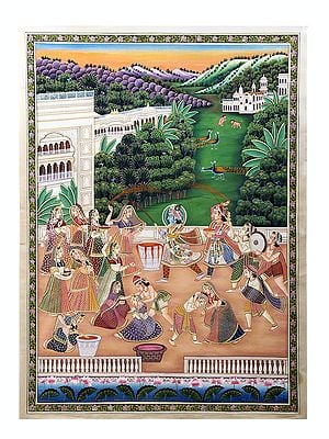 Lord Krishna Playing Holi with Radha and Gopis | Pichwai Art