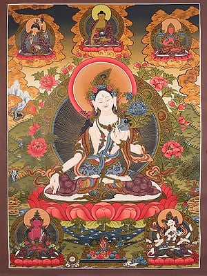 Goddess White Tara - Tibetan Buddhist Deity (Brocadeless Thangka)
