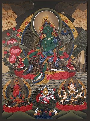 Goddess Green Tara - Tibetan Buddhist Detiy (Brocadeless Thangka)