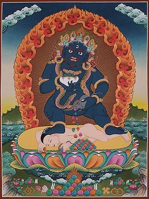 Black Kubera - The Tibetan Buddhist God of Wealth (Brocadeless Thangka)