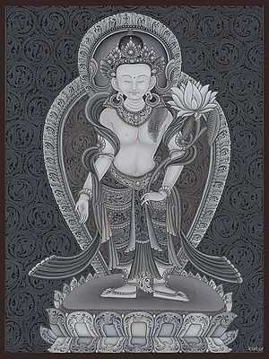 Newari Padmapani Avalokiteshvara - Tibetan Buddhist Brocadeless Thangka
