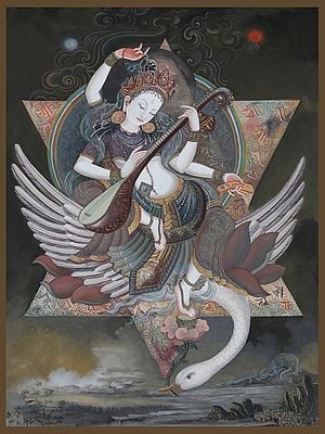 Newari Goddess Saraswati (Brocadeless Thangka)