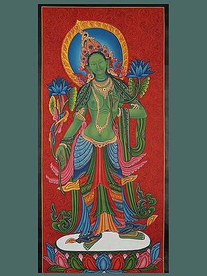 Newari Standing Classical Goddess Green Tara (Brocadeless Thangka)