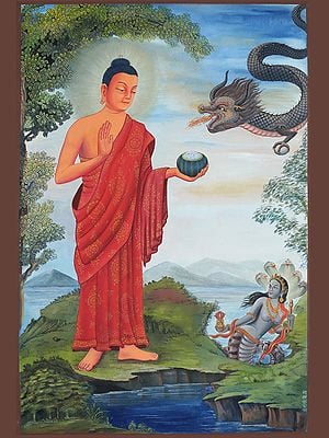 Newari Lord Buddha With Nagraja (Brocadeless Thangka)