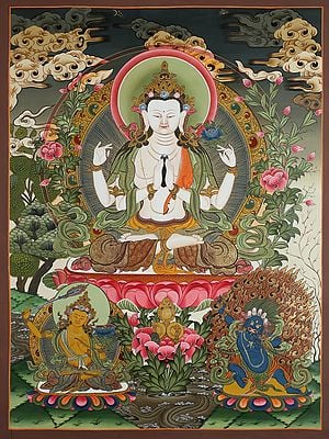 Tibetan Chenrezig (Avalokiteshvara) with Manjushree and Vajrapani Brocadeless Thangka