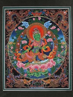 Newari Goddess Green Tara Thangka Painting (Brocadeless Thangka)