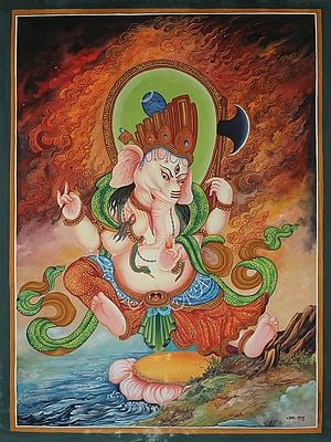 Newari Lord Ganesha (Brocadeless Thangka)