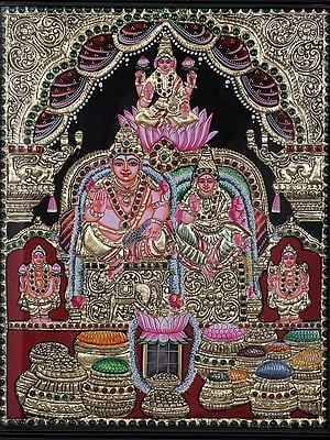 15'' Kuber With Lakshmi & Saraswati Tanjore Painting | Traditional Colors With 24K Gold | Teakwood Frame