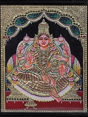15" Dhan Lakshmi Tanjore Painting | Traditional Colors With 24K Gold | Teakwood Frame