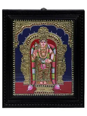 Standing Lord Karttikeya (Murugan) Tanjore Painting | Traditional Colors With 24K Gold | Teakwood Frame | Handmade