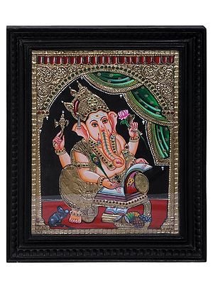 Bhagwan Ganesha Penning The Mahabharata | Traditional Colors With 24K Gold | Teakwood Frame | Gold & Wood | Handmade