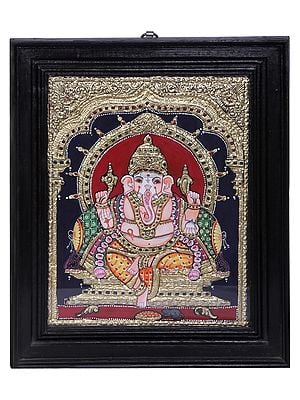 Seated Lord Ganesha  | Traditional Colors With 24K Gold | Teakwood Frame | Gold & Wood | Handmade