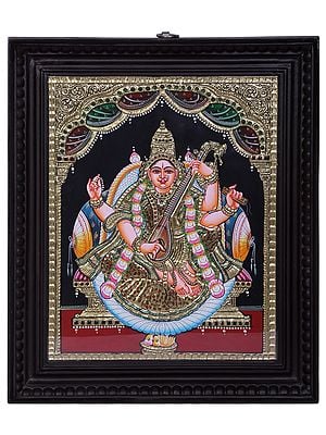 Goddess Saraswati | Traditional Colors With 24K Gold | Teakwood Frame | Gold & Wood | Handmade