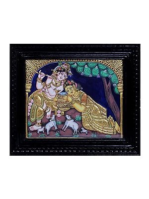 Radha Krishna Tanjore Painting | Traditional Colors With 24K Gold | Teakwood Frame | Handmade