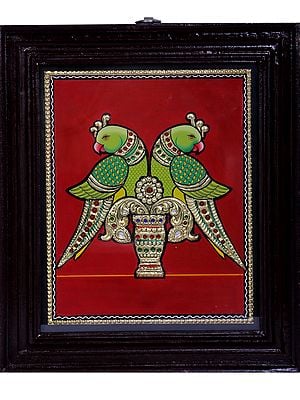 Pair of Parrot Tanjore Painting | Traditional Colors With 24K Gold | Teakwood Frame | Handmade