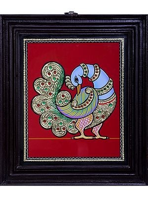 Peacock Tanjore Painting | Traditional Colors With 24K Gold | Teakwood Frame | Handmade